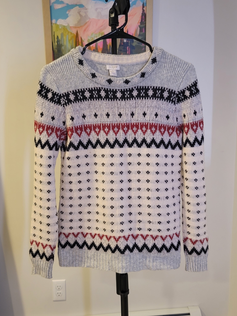 J CREW Merino Wool‎ Blend Knit Sweater Fair Isle Pattern Gray Women's Size XS